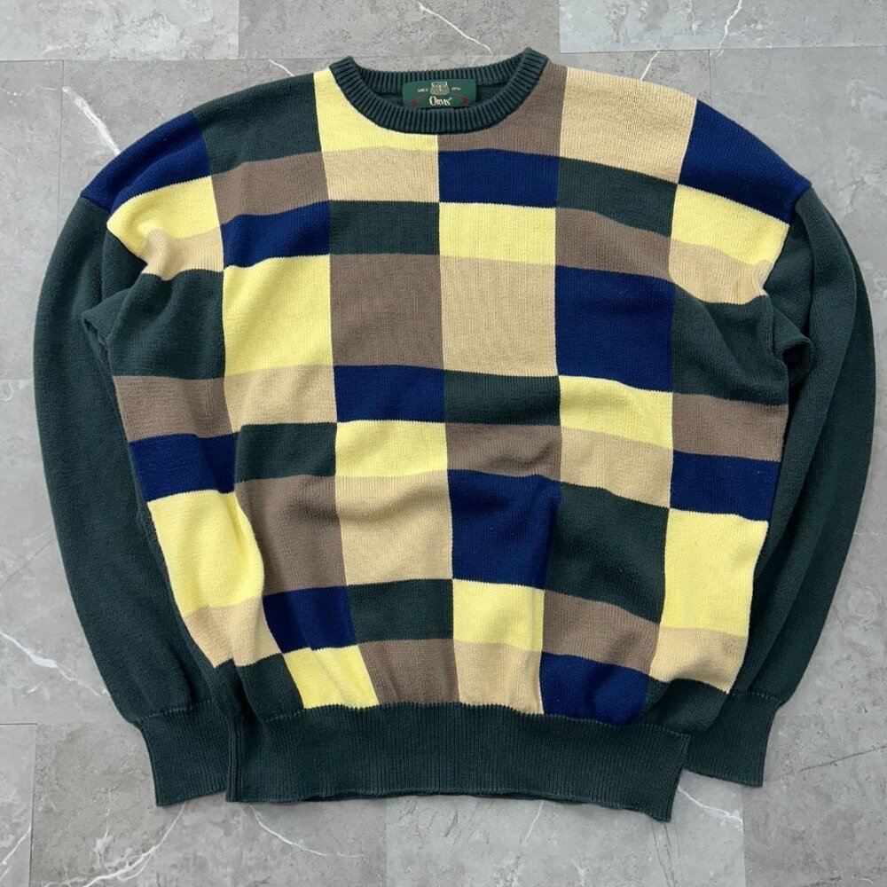 Vintage Orvis Sweater Mens XL Pullover Crewneck Colorblock Geometric Green Blue‎